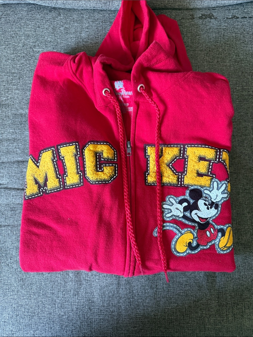 Disney Red Zip-Up Hoodie with Yellow 'MICKEY' Lettering and Mickey Patch
